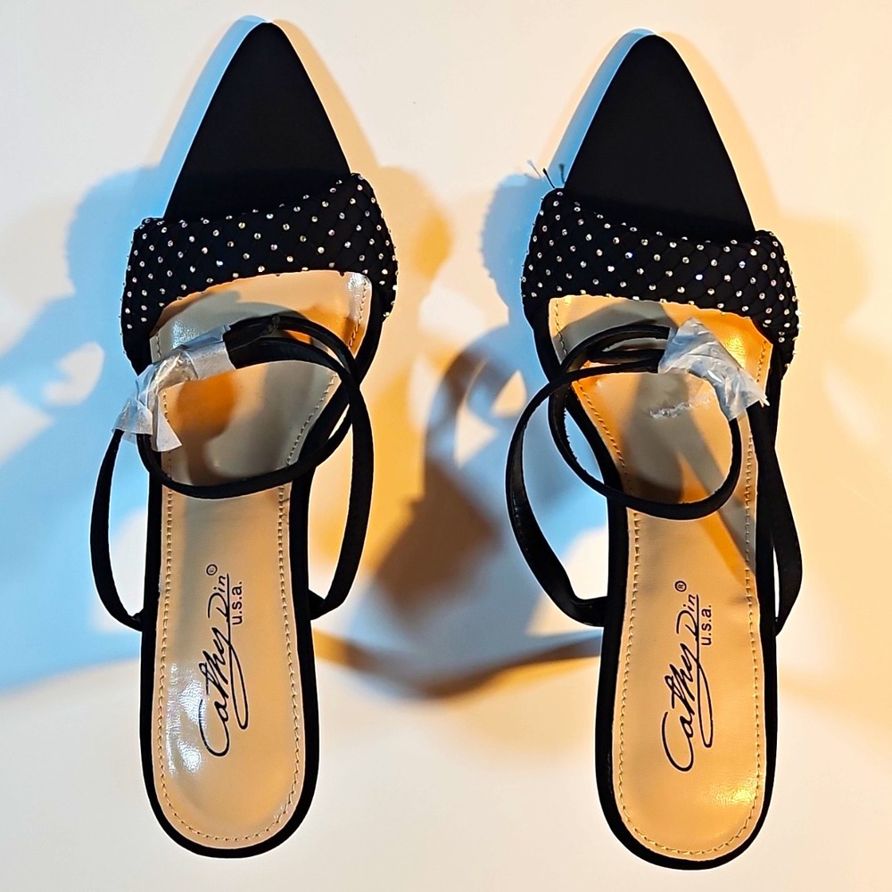 Cathy Din Black Synthetic Strappy Pointed Toe Rhinestone Slip On Heel 8